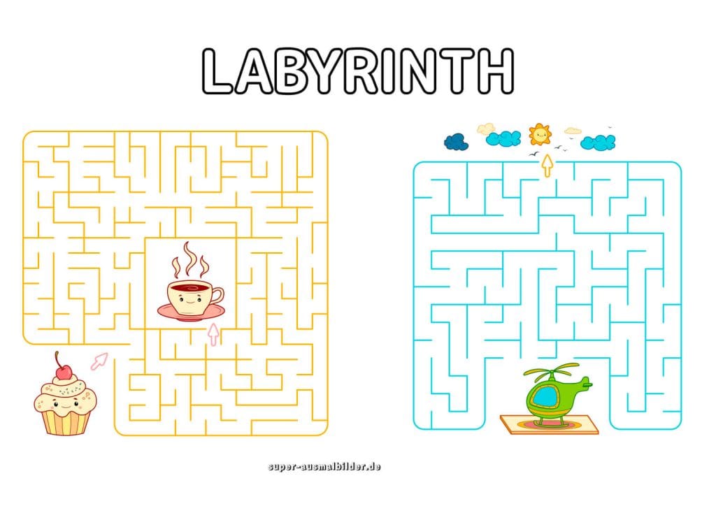 Kaffee und Hubschrauber Labyrinth spannendes Lernlabyrinth für Kinder kostenlos drucken