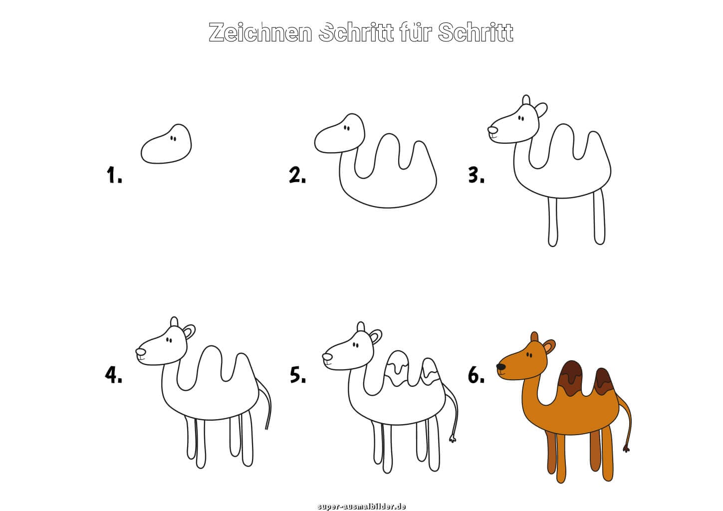Kamel zeichnen Schritt für Schritt – einfache Anleitung für Kinder, um ein Wüstenkamel mit zwei Höckern in sechs Schritten zu malen
