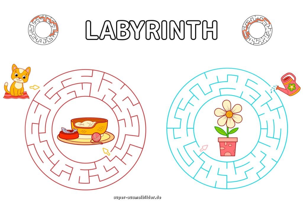 Katze und Blume Labyrinth Kreis Labyrinthe für Kinder zum Ausmalen und kostenlos Drucken