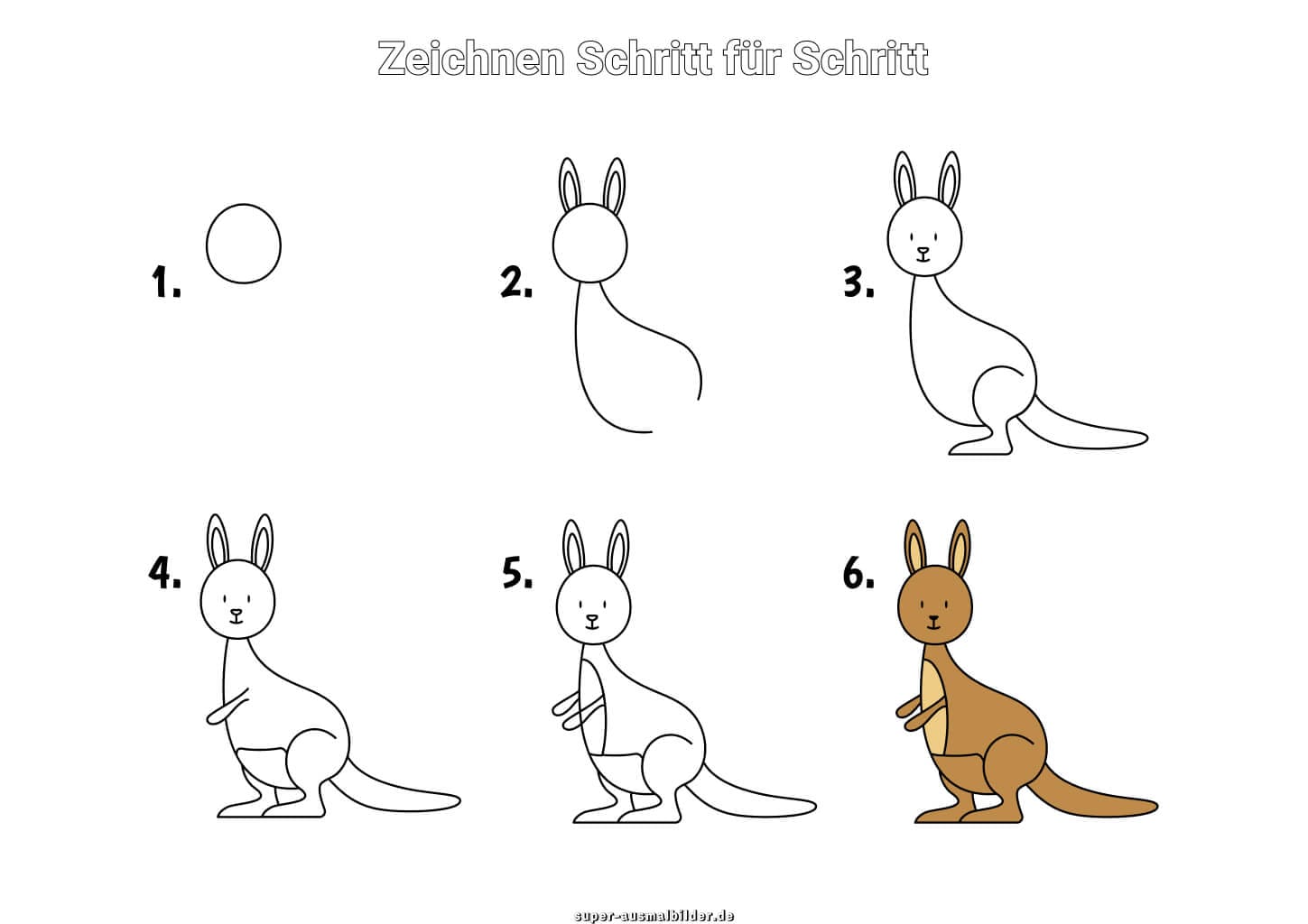Känguru zeichnen Schritt für Schritt – einfache Anleitung für Kinder, um ein süßes braunes Känguru in sechs Schritten zu malen
