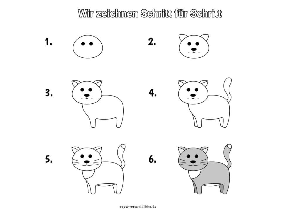 Kleine Katze zeichnen Schritt für Schritt – einfache Zeichenanleitung für Anfänger und Kinder zum kostenlosen Download