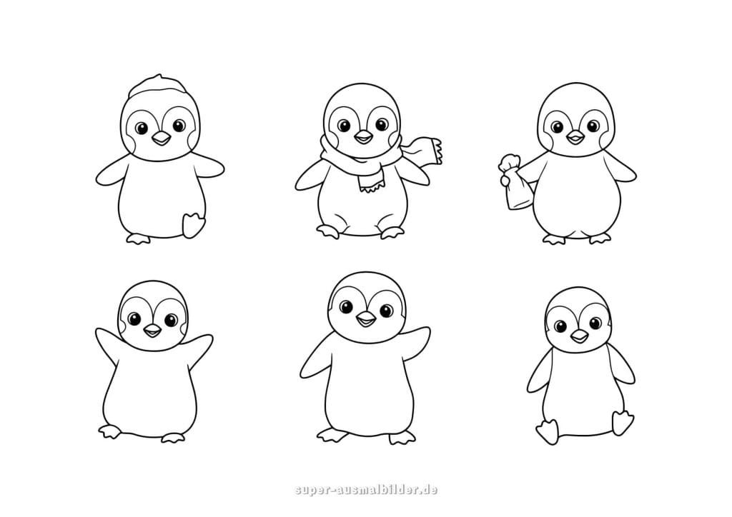 Kleine Pinguine – Set aus sechs einfachen Malvorlagen mit verschiedenen Posen und winterlichen Accessoires