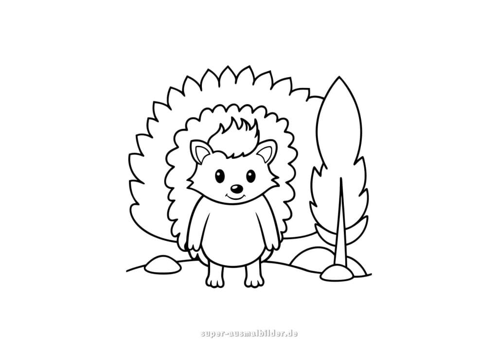 Kleiner Igel im Wald – einfache Malvorlage eines Igels zwischen Bäumen, ideal für Kinder ab Jahren