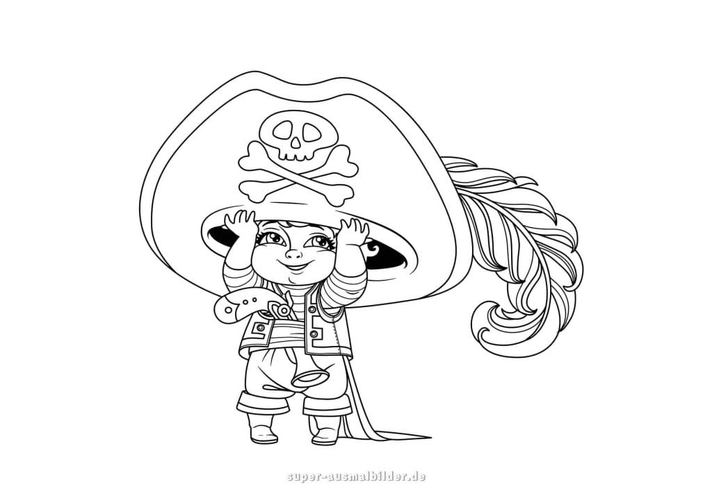 Kleines Piratenkind – süße Ausmalvorlage mit großem Hut und Feder, perfekt für Kindergarten