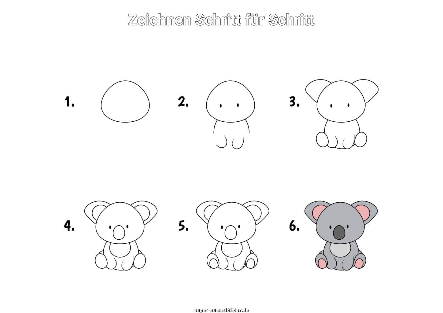 Koala zeichnen Schritt für Schritt – einfache Anleitung für Kinder, um eine süße graue Koalafigur zu malen