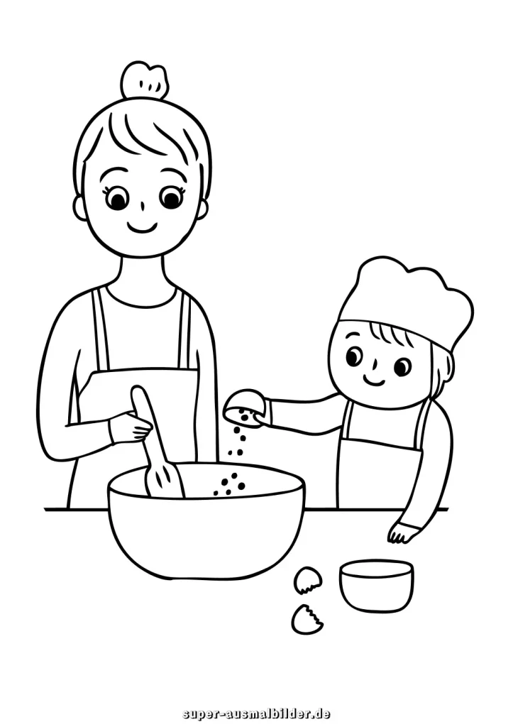 Köchin mit Kind Malvorlage Mutter und Sohn backen zusammen, kostenlose Ausmalbilder für Kinder
