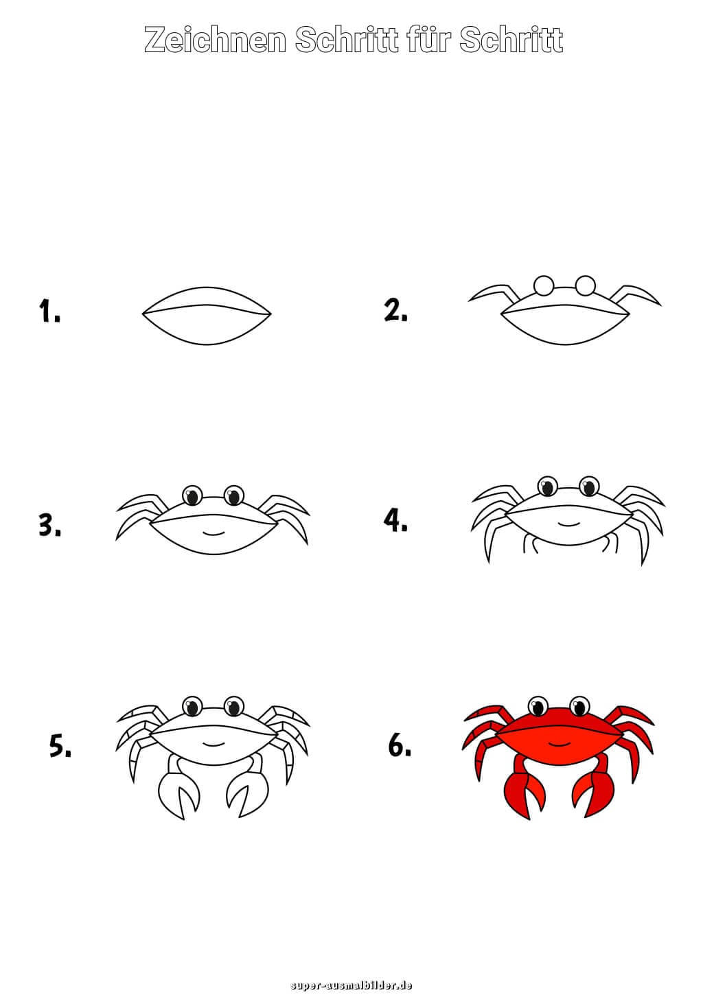 Krabbe zeichnen Schritt für Schritt – einfache Anleitung für Kinder mit roter Krabbe