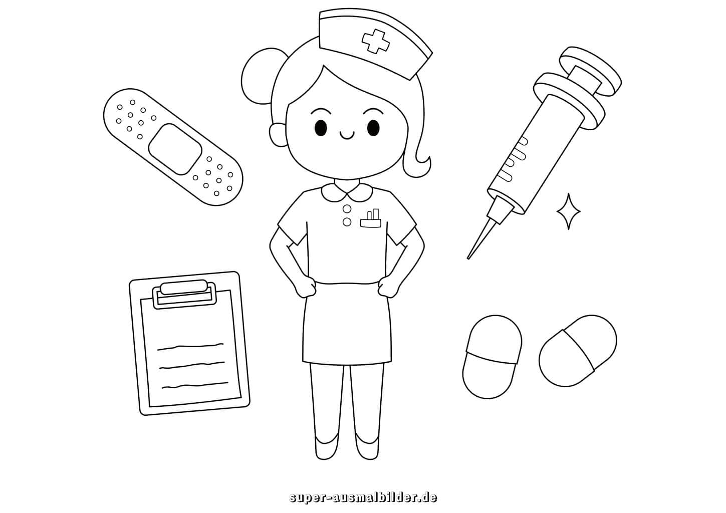 Krankenschwester Malvorlage Pflegerin mit Spritze, Pflaster und Tabletten, kostenlos für Kinder