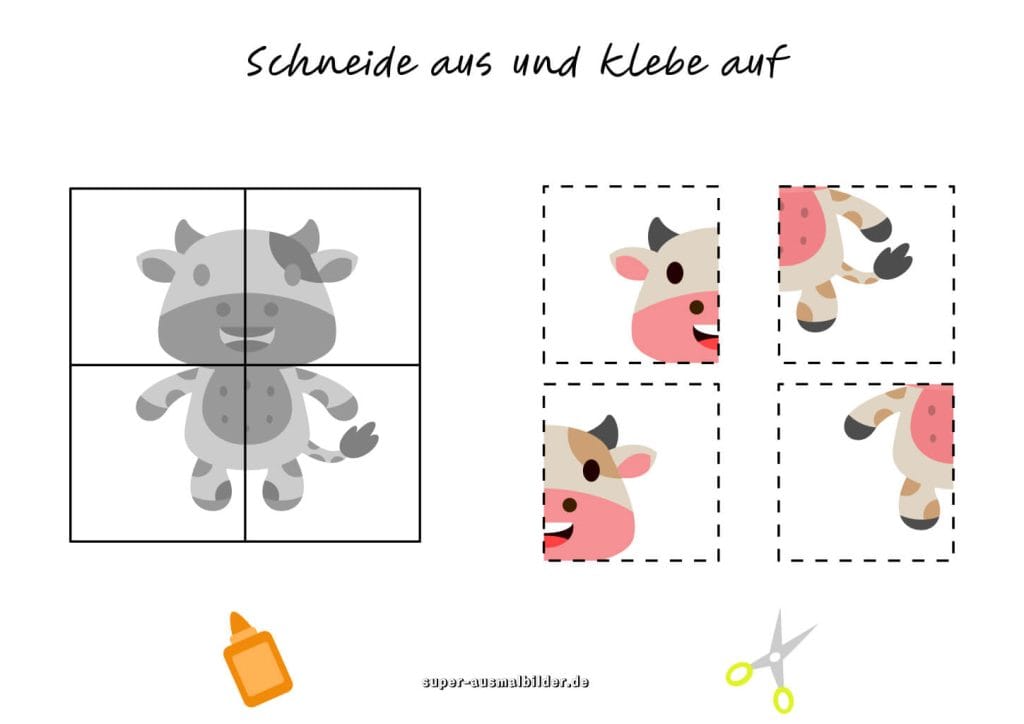 Kuh Bastelblatt zum Ausschneiden und Aufkleben Kostenloses Arbeitsblatt für Vorschule und Kindergartenkinder