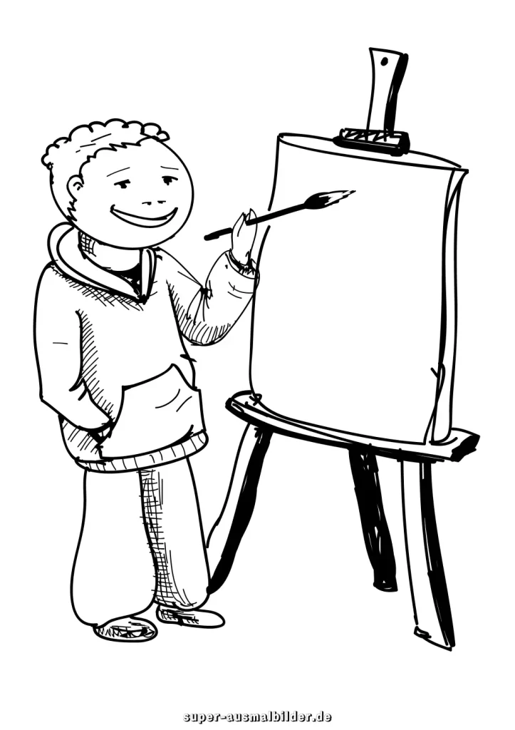Künstler Malvorlage Maler mit Pinsel und Leinwand, gratis Ausmalbilder für kreative Kinder