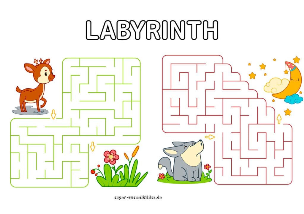 Labyrinth Reh und Wolf süßes Tierlabyrinth für Vorschule und Kindergarten kostenlos drucken