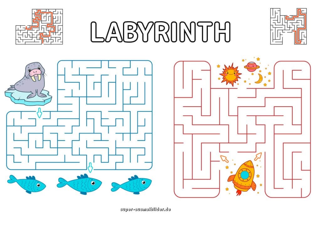 Labyrinth Walross und Fische einfaches Rätsel für Kinder zum Ausdrucken und kostenlos Herunterladen