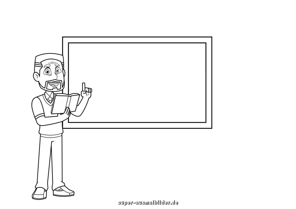 Lehrer Malvorlage Lehrer mit Buch vor der Tafel, Schul Ausmalbild kostenlos zum Ausdrucken