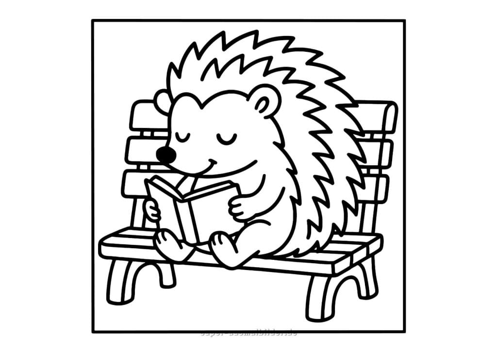 Lesender Igel Ausmalbild – lustiger Igel mit Buch auf einer Bank, kreative Malvorlage für Kinder zum Lernen und Entspannen