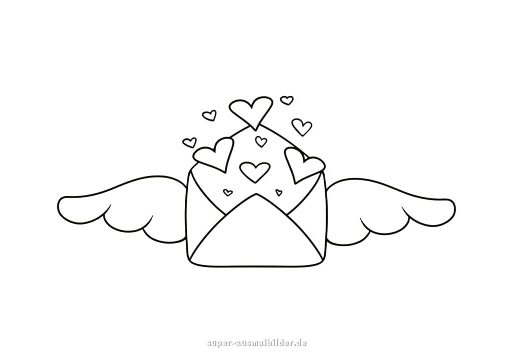 Liebesbrief mit Flügeln Umschlag mit kleinen fliegenden Herzen und Flügeln, romantische Vorlage zum Valentinstag