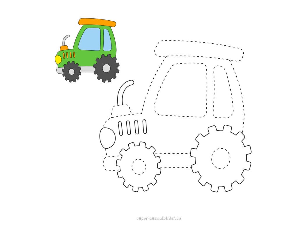 Linien nachfahren – Traktor zeichnen, Fahrzeug Arbeitsblatt für Kinder zur Schulung der Feinmotorik, gratis ausdrucken