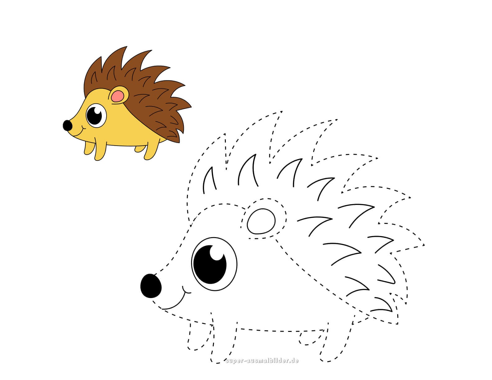 Linien nachzeichnen – Igel zeichnen, niedliche Tier Vorlage für Kinder zur Förderung von Geduld und Motorik, gratis Ausmalblatt