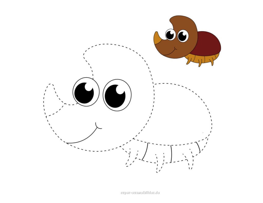 Linien nachzeichnen – Käfer mit Horn vervollständigen, Übungsblatt für Kinder zur Verbesserung der Hand Auge Koordination, gratis PDF