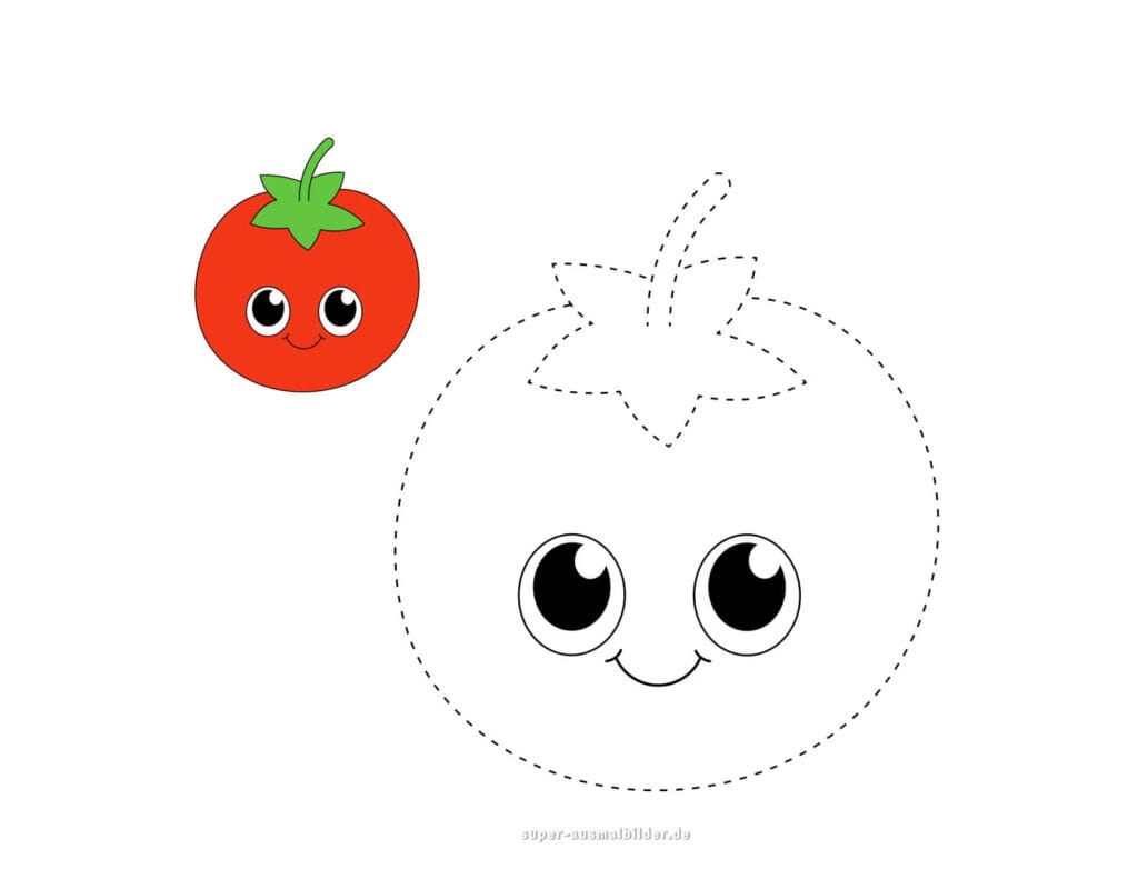 Linien nachzeichnen – Tomate mit Gesicht fertigstellen, Obst und Gemüse Vorlage zum Nachspuren, kostenlose Übung für Kinder