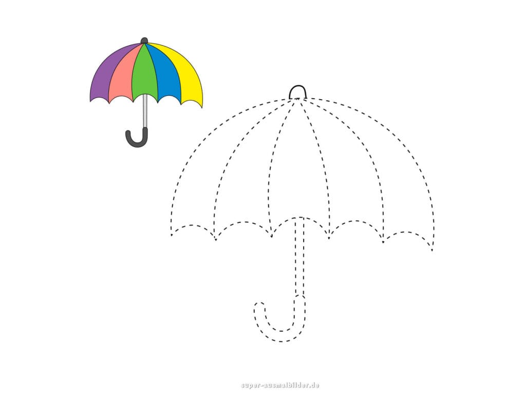Linien verbinden – Regenschirm zeichnen, Lernblatt für Kindergarten zur Verbesserung der Konzentration, gratis druckbare PDF