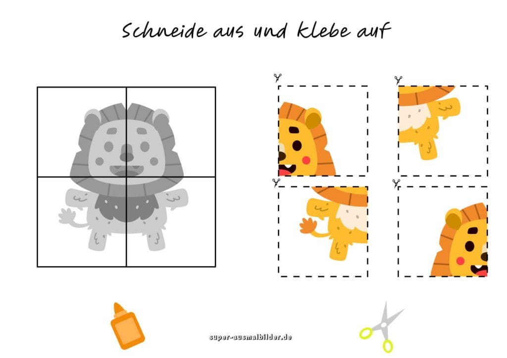 Löwe Ausschneideaufgabe Lustiges Tier basteln durch Schneiden und Kleben, kostenlose Vorlage für Kinder