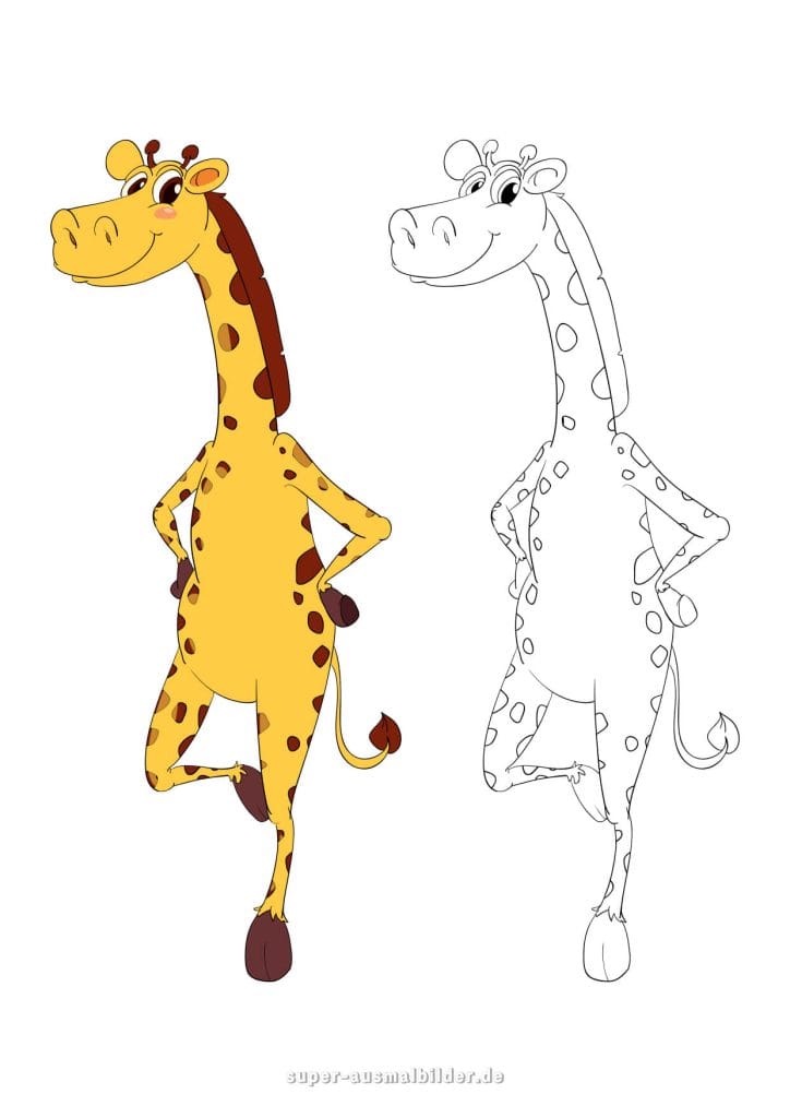 Lustige Giraffe Ausmalbild – fröhliche Giraffe mit farbiger und schwarz weißer Version, kreative Malvorlage zum Vergleichen und Ausmalen für Kinder