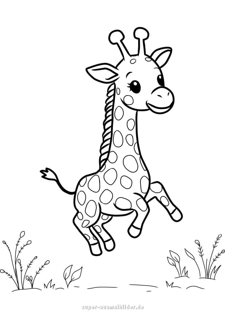 Lustige Giraffe Ausmalbild – fröhliche kleine Giraffe beim Springen auf der Wiese, kostenlose Malvorlage für Kinder zum Ausdrucken
