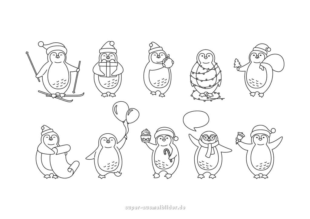 Lustige Pinguine im Winter – Sammlung kleiner Pinguin Ausmalbilder mit Skiern, Geschenken und Weihnachtsmützen