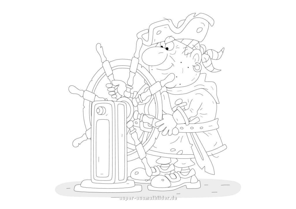 Lustiger Pirat am Steuerrad – einfache Ausmalvorlage mit großem Schiffsruder und freundlichem Kapitän, ideal für Kinder