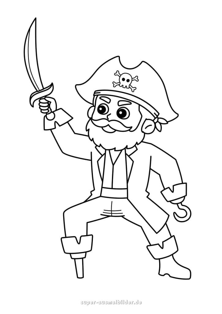 Lustiger Pirat – Malbild mit Bart, Hakenhand und Holzbein zum kostenlosen Ausdrucken