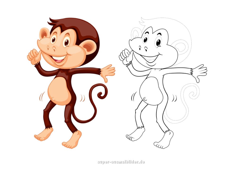 Lustiges Ausmalbild Affe – fröhlicher Äffchen tanzt und bewegt sich, Malvorlage zum Drucken für Kinder
