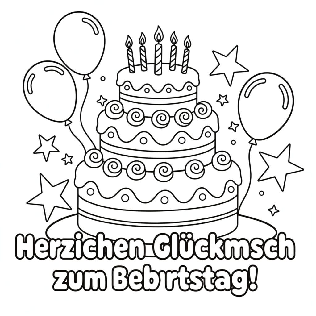 Lustiges Ausmalbild Geburtstagstorte mit Ballons und Sternen Malvorlage für Kinder kostenlos zum Ausdrucken