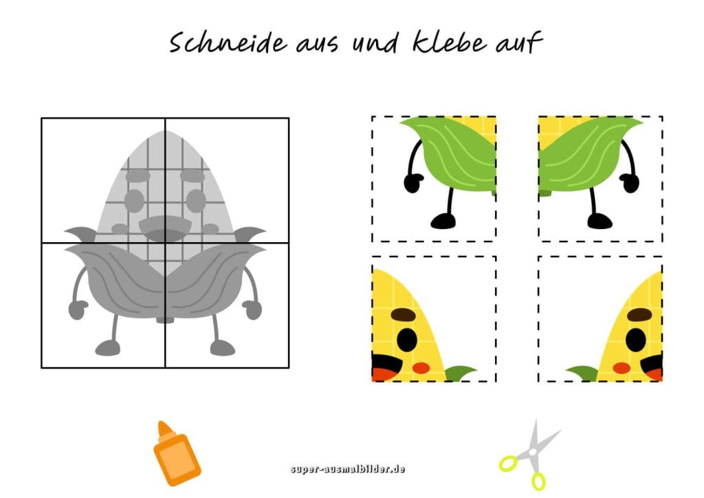 Mais Ausschneideaufgabe Schneide und klebe den Mais zusammen, kostenloses Arbeitsblatt für Kinder zum Ausdrucken