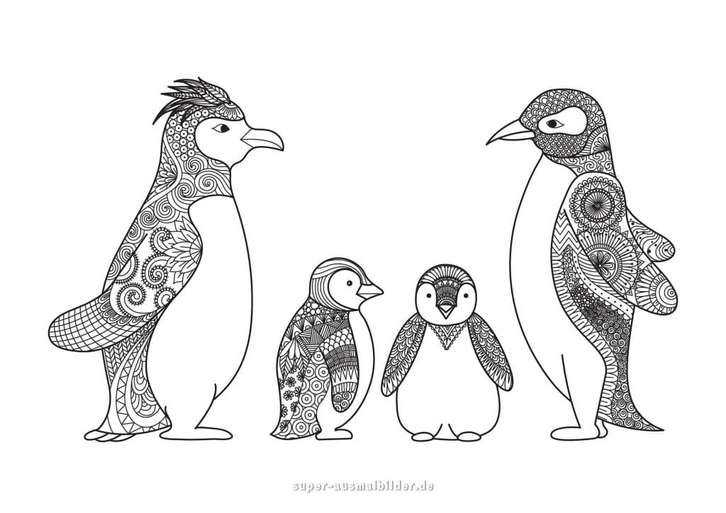 Mandala Pinguine – detaillierte Ausmalvorlage für Kinder und Erwachsene mit kunstvollen Mustern und Linien
