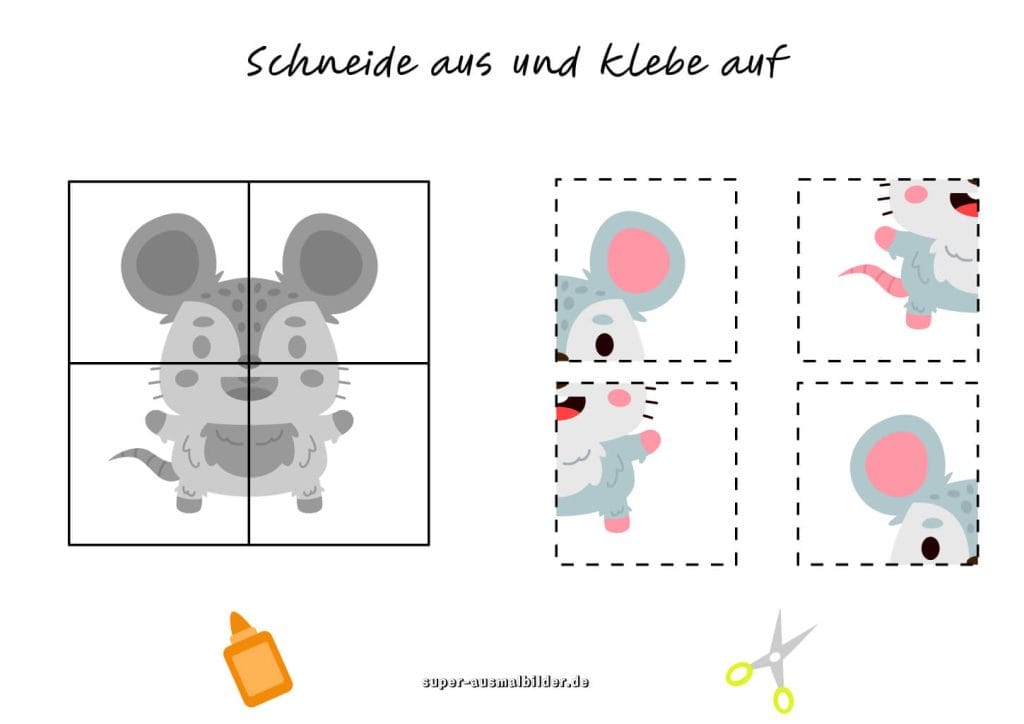 Maus Ausschneidevorlage Schneide und klebe die süße Maus, kostenlose Bastelaufgabe zum Ausdrucken