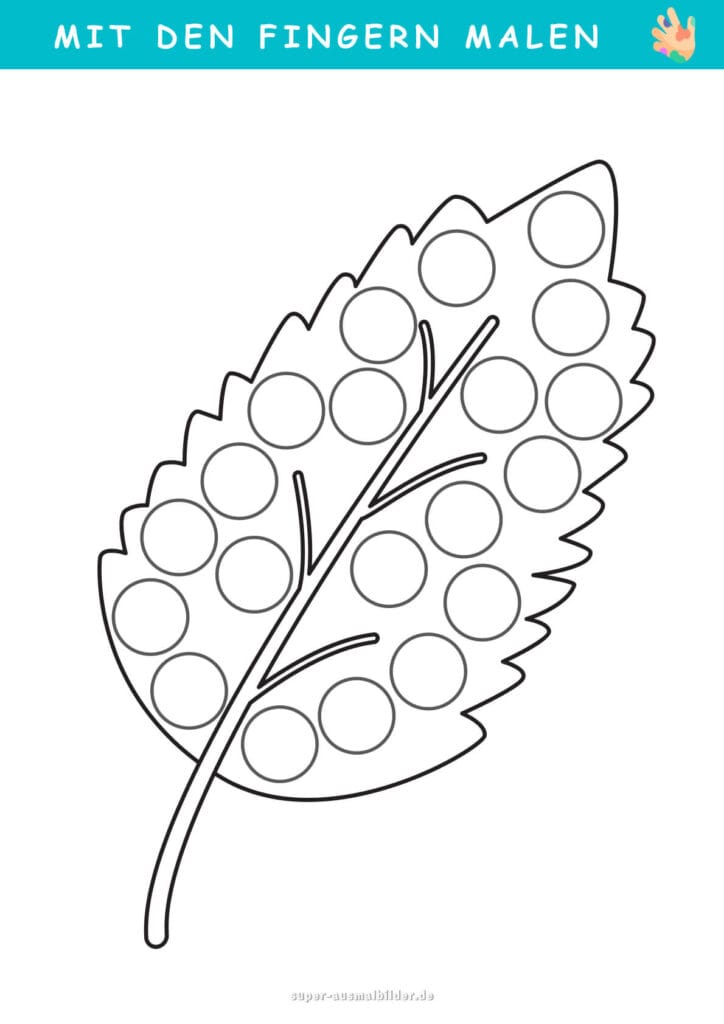 Mit den Fingern malen Blatt mit Punkten, Herbst Malvorlage für Kinder mit Fingerfarben, fördert Feinmotorik, Konzentration und Farberkennung, gratis PDF