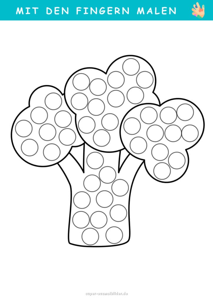 Mit den Fingern malen Brokkoli mit Punkten, Gemüse Malvorlage für Kinder, kreative Fingerfarben Übung zum Lernen und Spaßhaben, kostenlos druckbar