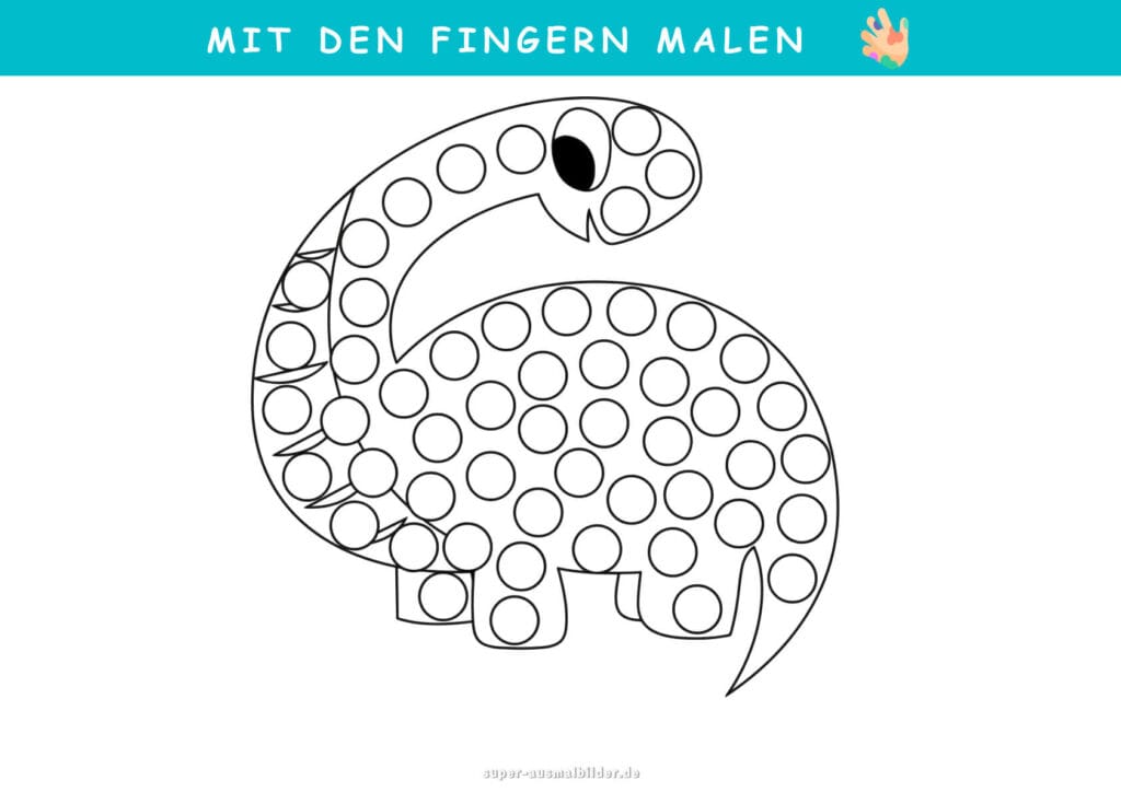 Mit den Fingern malen Dino mit Punkten, lustige Malvorlage für Kinder zur Förderung der Feinmotorik, gratis Download