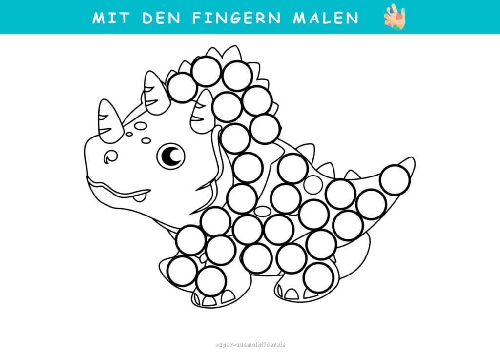 Mit den Fingern malen Dino mit Punkten, niedliche Dinosaurier Malvorlage für Kinder, Fingerfarben Bild zum Ausdrucken, kostenlos PDF