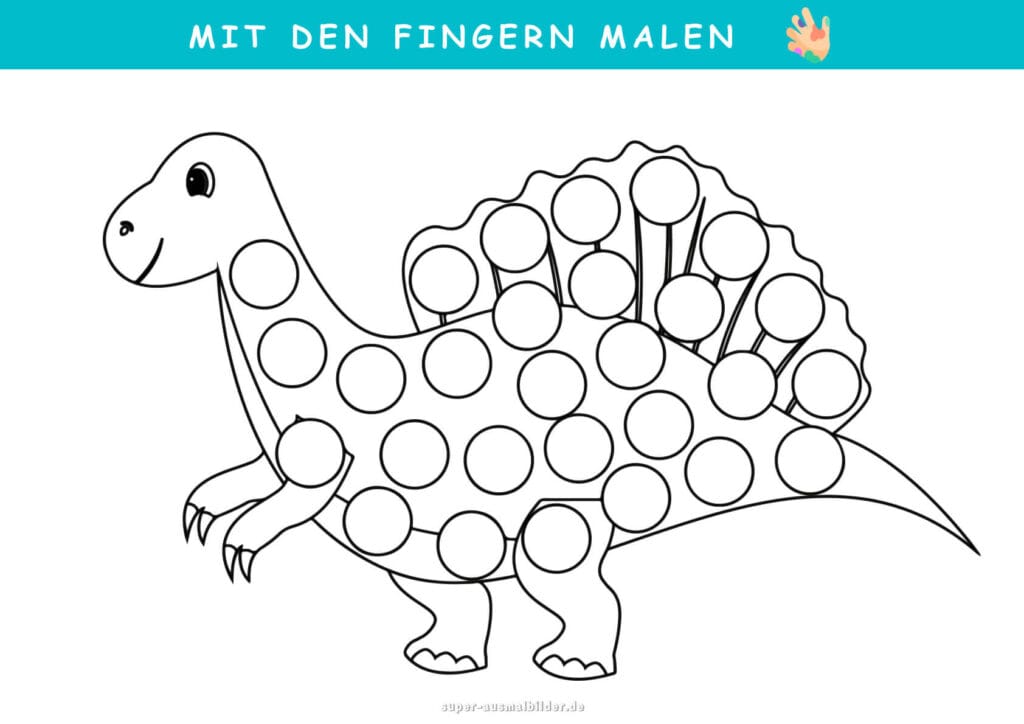 Mit den Fingern malen Dinosaurier Vorlage mit Punkten zum Ausmalen, Fingerfarben Bild für Kinder, kostenlos druckbar