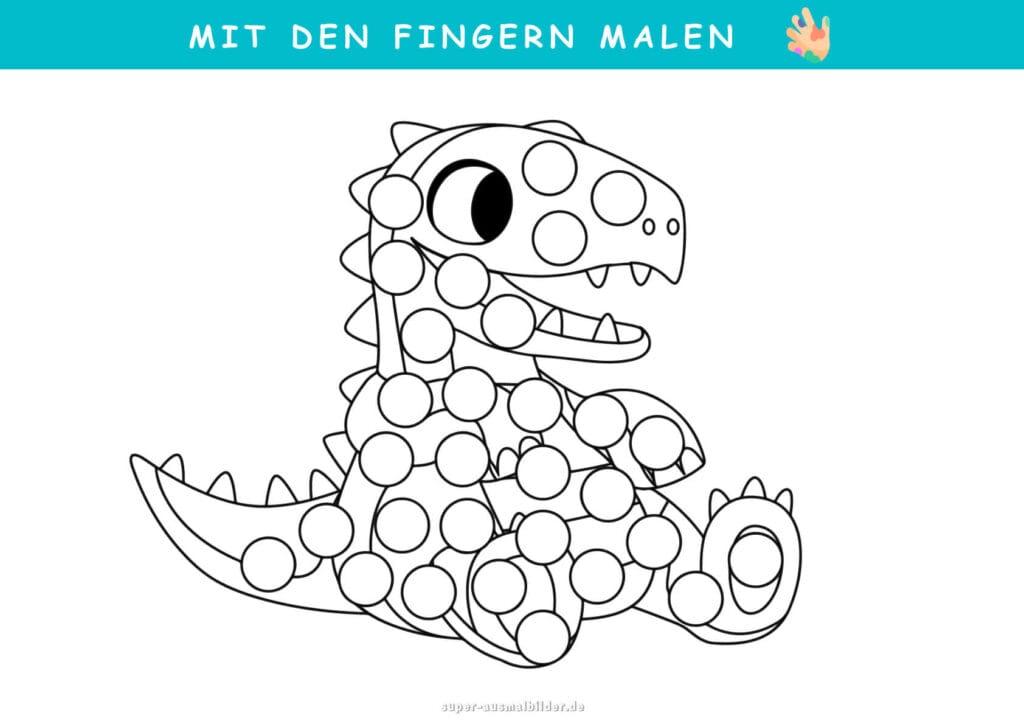 Mit den Fingern malen Dinosaurier mit Punkten, niedliche Fingerfarben Malvorlage für Kinder, gratis Download