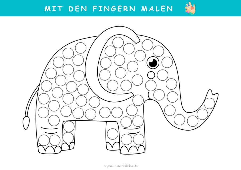 Mit den Fingern malen Elefant mit Punkten, lustige Fingerfarben Malvorlage für Kinder, gratis PDF zum Ausdrucken