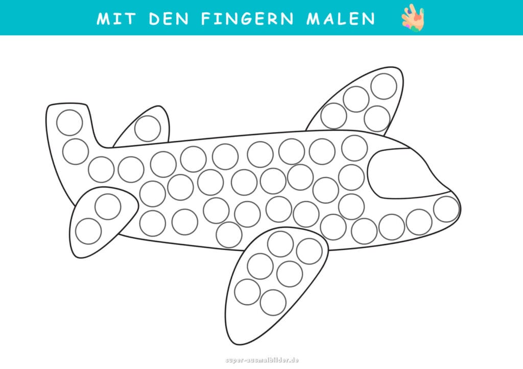 Mit den Fingern malen Flugzeug Vorlage mit Punkten, Fingerfarben Arbeitsblatt zum kreativen Lernen, kostenlos drucken