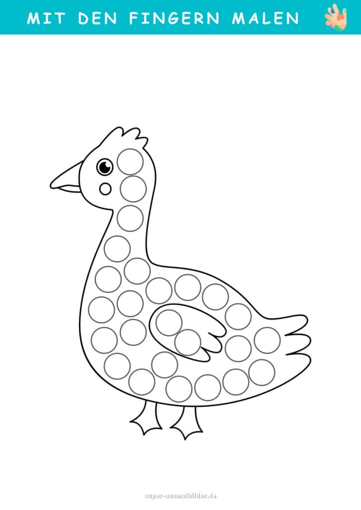 Mit den Fingern malen Gans mit Punkten, lustige Tier Malvorlage für Kinder mit Fingerfarben, fördert Hand Auge Koordination, gratis Download