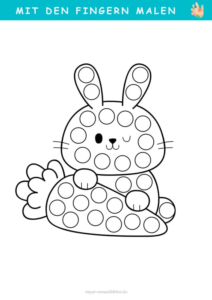 Mit den Fingern malen Hase mit Karotte, niedliche Fingerfarben Malvorlage zu Ostern, fördert Motorik und Farbenlernen, kostenlos drucken