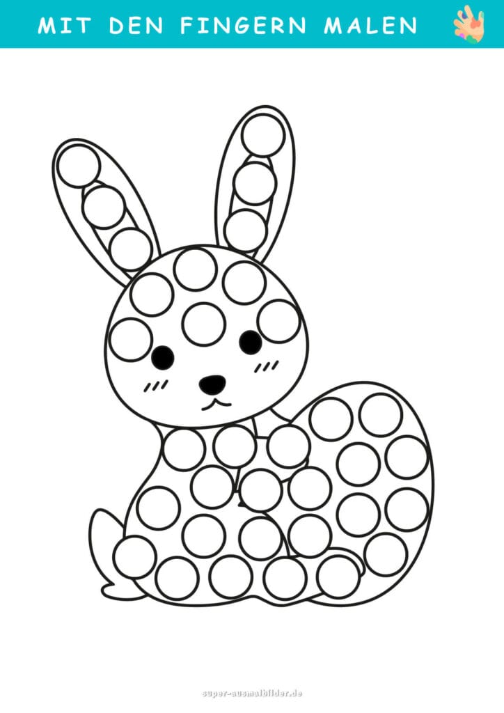 Mit den Fingern malen Hase mit Punkten, kreative Tier Malvorlage zur Förderung von Konzentration, Farbenlernen und Feinmotorik, gratis Download
