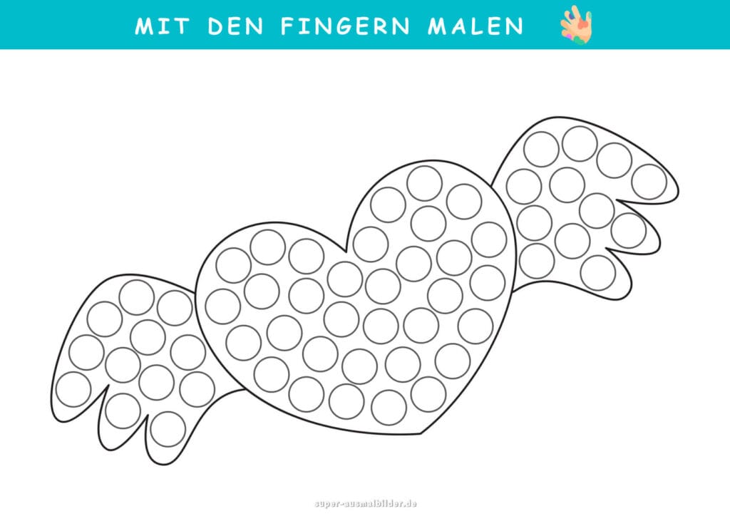 Mit den Fingern malen Herz mit Flügeln, kreative Fingerfarben Malvorlage für Kinder, fördert Fantasie, Farbenlernen und Feinmotorik, gratis Download