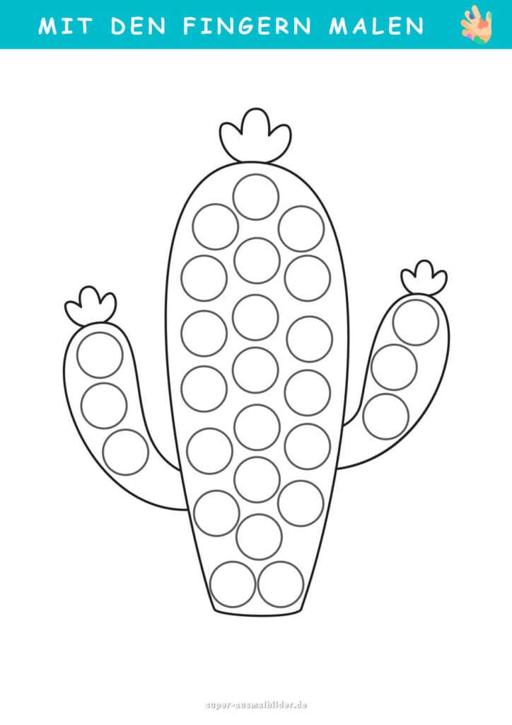 Mit den Fingern malen Kaktus mit Punkten, kreative Fingerfarben Malvorlage für Kinder, fördert Konzentration, Fantasie und Farbenlernen, kostenlos