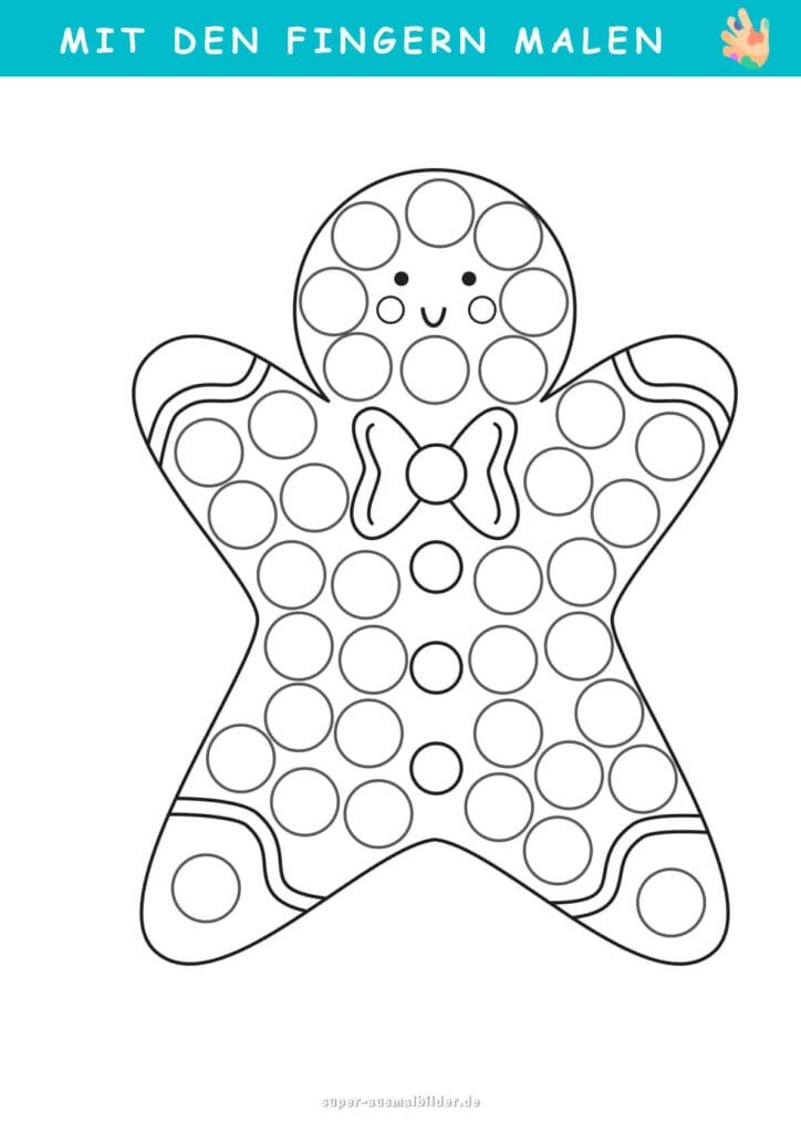 Mit den Fingern malen Lebkuchenmann mit Punkten, Weihnachtsvorlage für Kinder, Fingerfarben Malbild mit Kreisen, gratis PDF