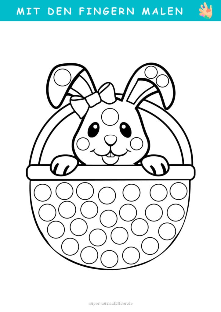 Mit den Fingern malen Osterhase im Korb, fröhliche Oster Malvorlage mit Punkten, Fingerfarben Bild für Kinder zum Ausdrucken, gratis Vorlage